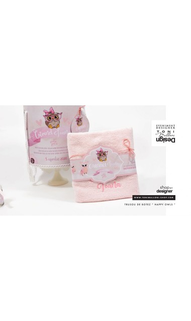 Trusou de botez brodat cu bufnite si anemone pentru fete, Bufnita Petrecareata 25